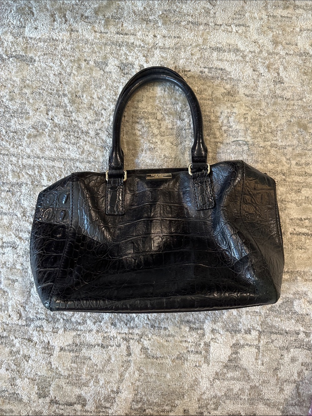 Black Croc-Embossed Leather Satchel Handbag